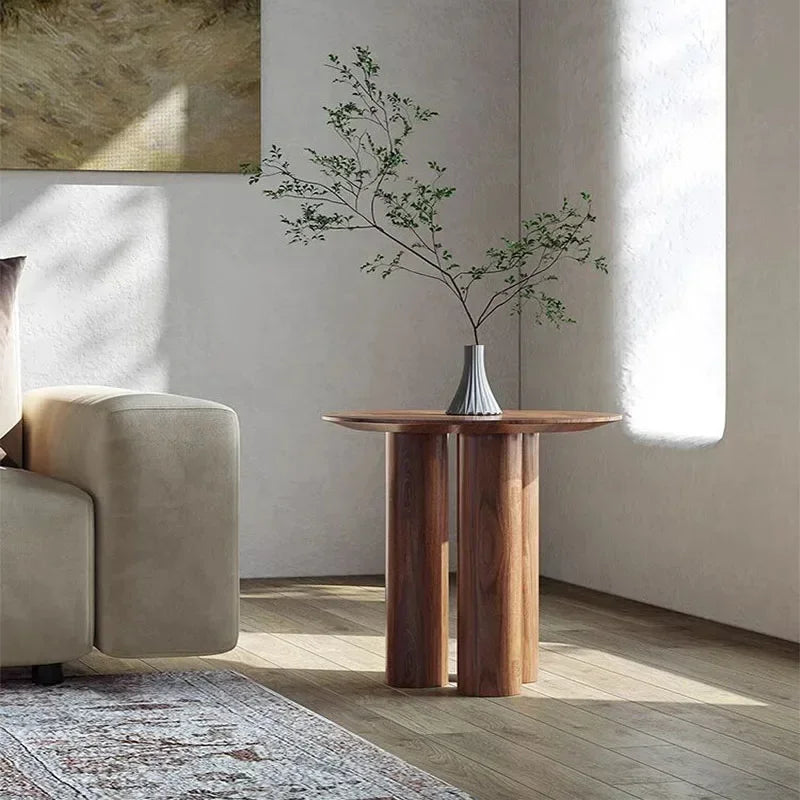Minimalist Walnut Round Side Table with Cylindrical Column Base