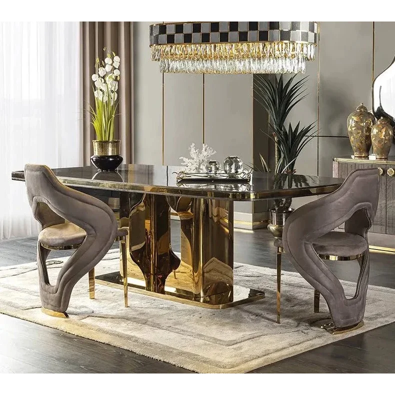 Luxury Interiors | Modern Blue Velvet and Gold Dining Chairs | Contemporary Room