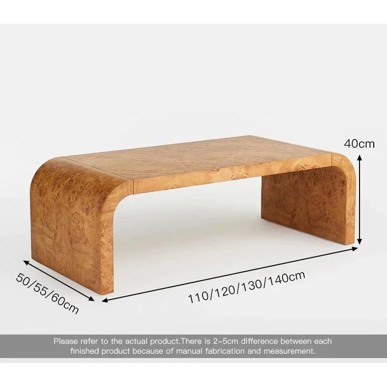 Modern Burl Wood Coffee Table | Minimalist Design Natural Grain Rectangular Centerpiece for Living Room
