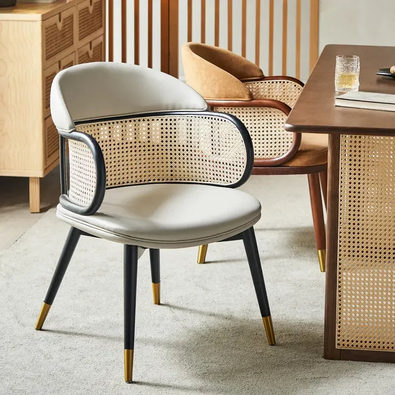 Designer Cane Dining Chair – Velvet Upholstery with Rattan Backrest and Gold-tipped legs | Luxury Interiors