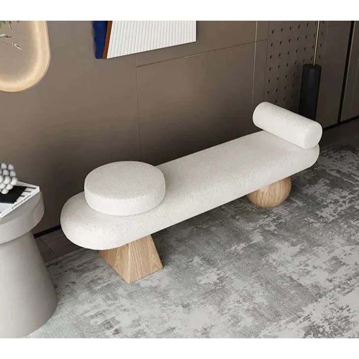 Modern Cream Upholstered Bench with Unique Wooden Base | Minimalism | Luxury Interiors