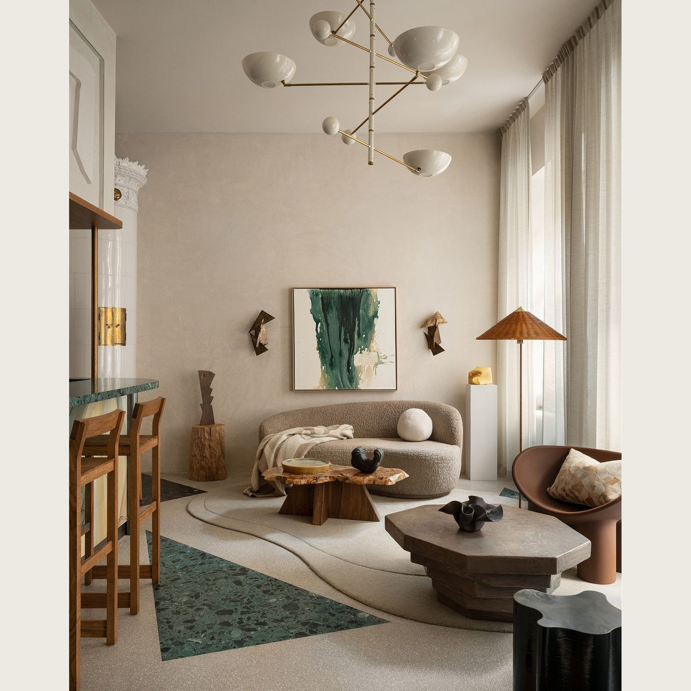 Modern Mid-century Brass Chandelier with Black & White Bowl Shades