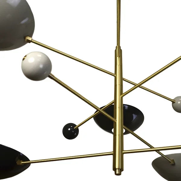 Modern Mid-century Brass Chandelier with Black & White Bowl Shades