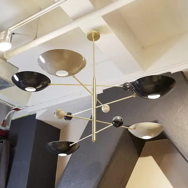 Modern Mid-century Brass Chandelier with Black & White Bowl Shades