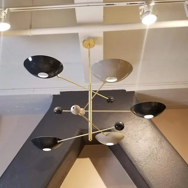 Modern Mid-century Brass Chandelier with Black & White Bowl Shades