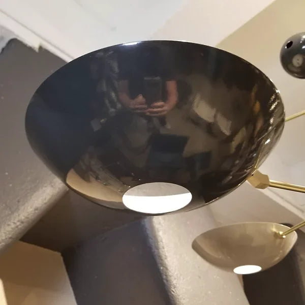 Modern Mid-century Brass Chandelier with Black & White Bowl Shades