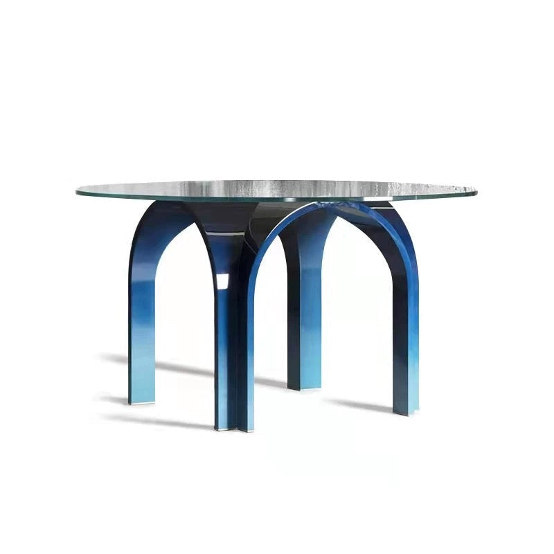 Modern Round Glass Dining Table with Metallic Blue Arched Base – Contemporary designer table