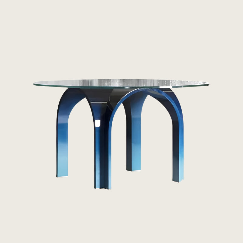 Modern Round Glass Dining Table with Metallic Blue Arched Base – Contemporary designer table