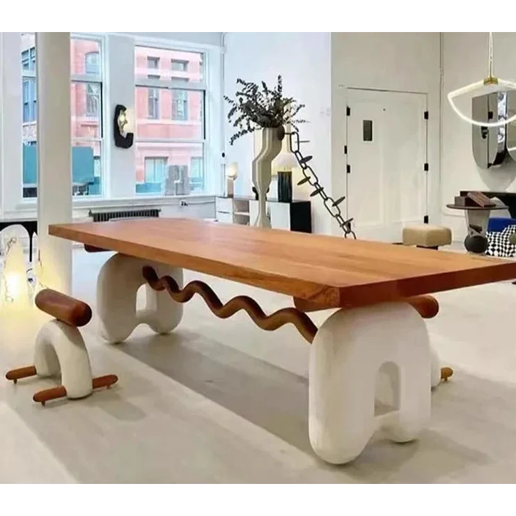 Modern Sculptural Dining Table – Solid Wood Top with Curved Stone base design