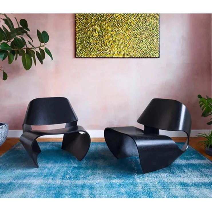 Modern Sculptural Lounge Chairs with Curved Wood Design Minimalist Accent in Black Walnut and Natural Finish