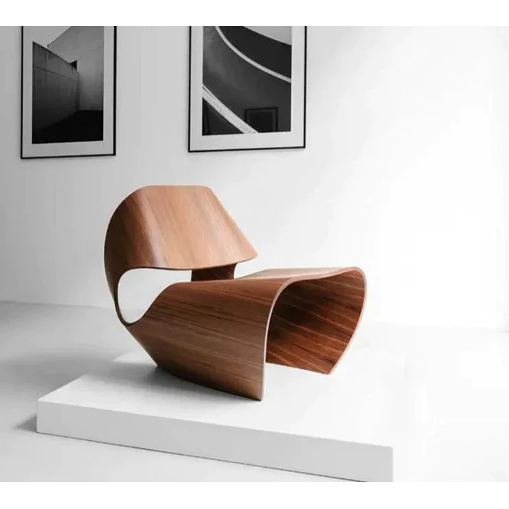 Modern Sculptural Lounge Chairs with Curved Wood Design Minimalist Accent in Black Walnut and Natural Finish