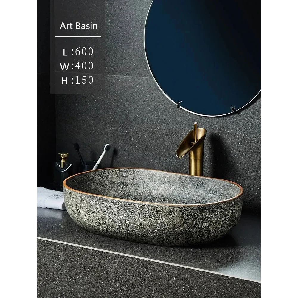 Modern Textured Stone Vessel Sink with Subtle Gold Accents | Luxury Bathroom