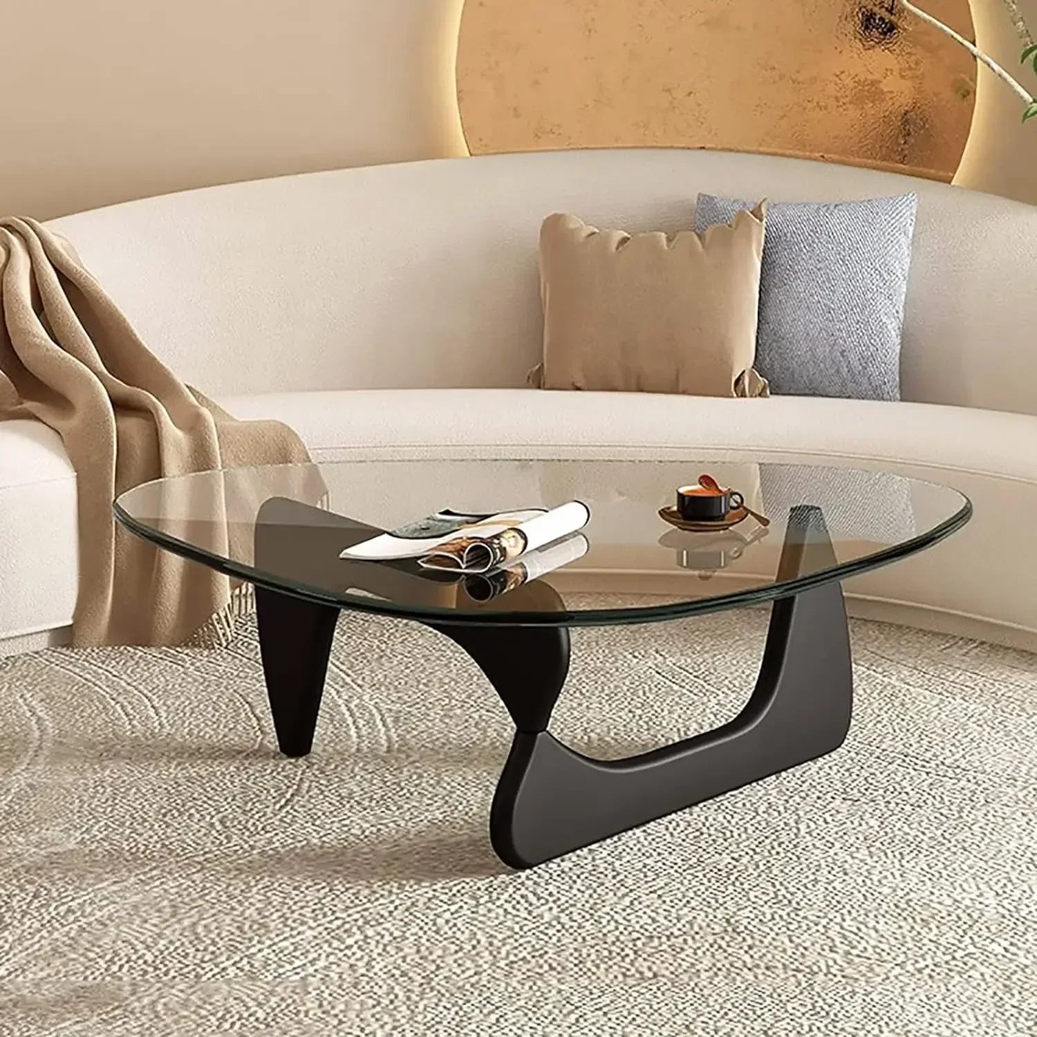 Noguchi Inspired Oval Glass Coffee Table – Elegant Japandi Wood Base for Modern Living Rooms