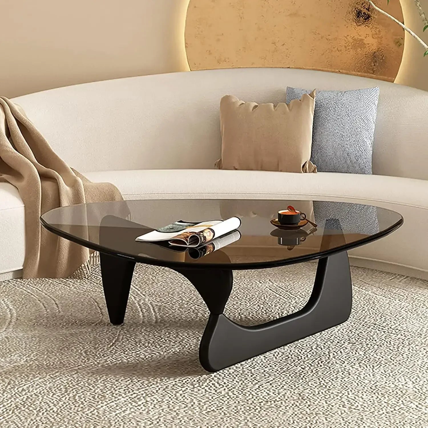 Noguchi Inspired Oval Glass Coffee Table – Elegant Japandi Wood Base for Modern Living Rooms