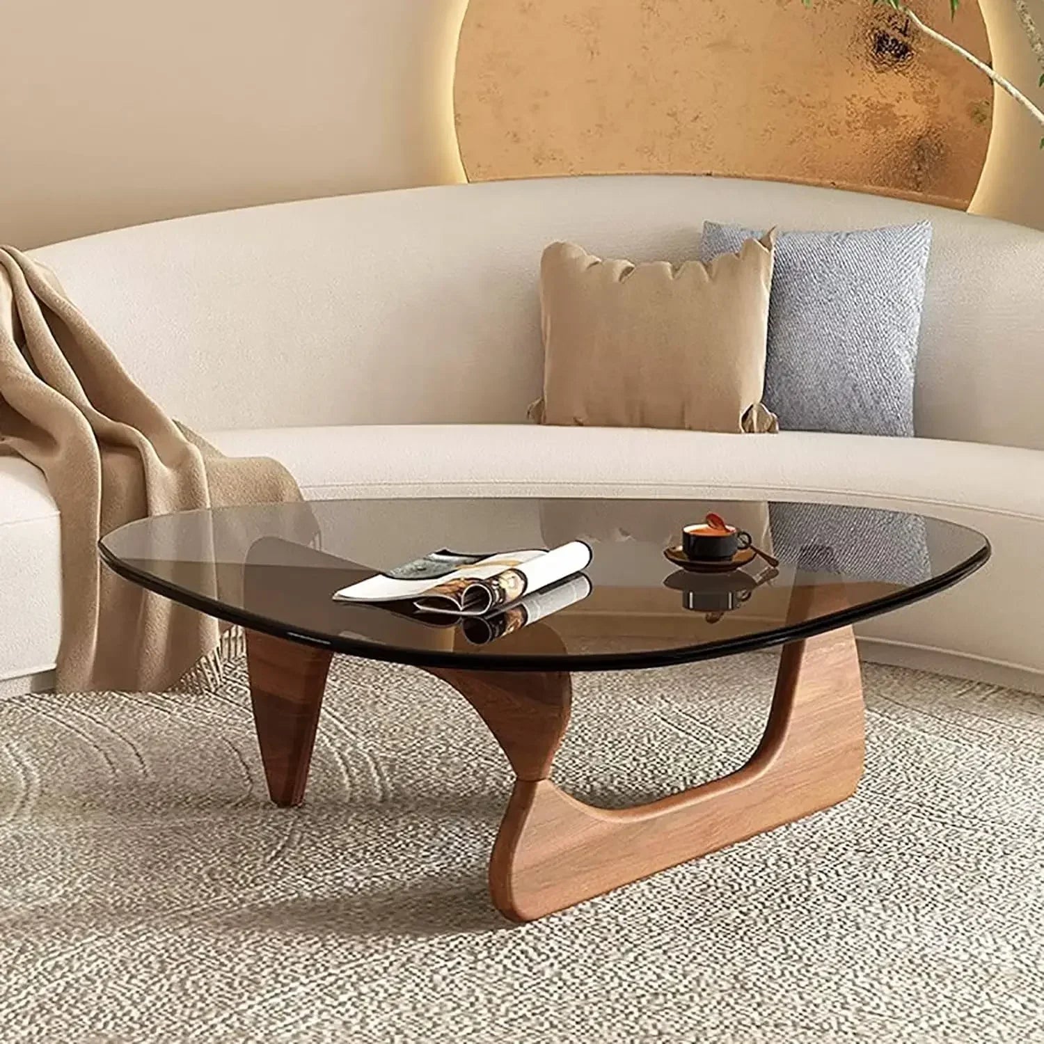 Noguchi Inspired Oval Glass Coffee Table – Elegant Japandi Wood Base for Modern Living Rooms