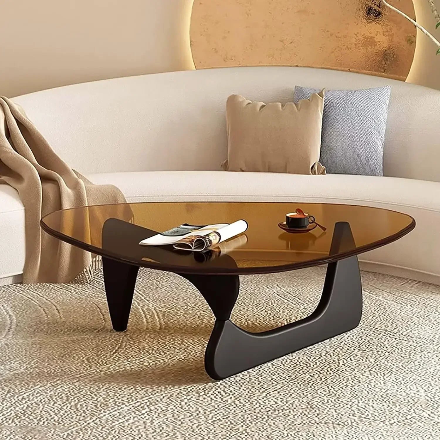 Noguchi Inspired Oval Glass Coffee Table – Elegant Japandi Wood Base for Modern Living Rooms