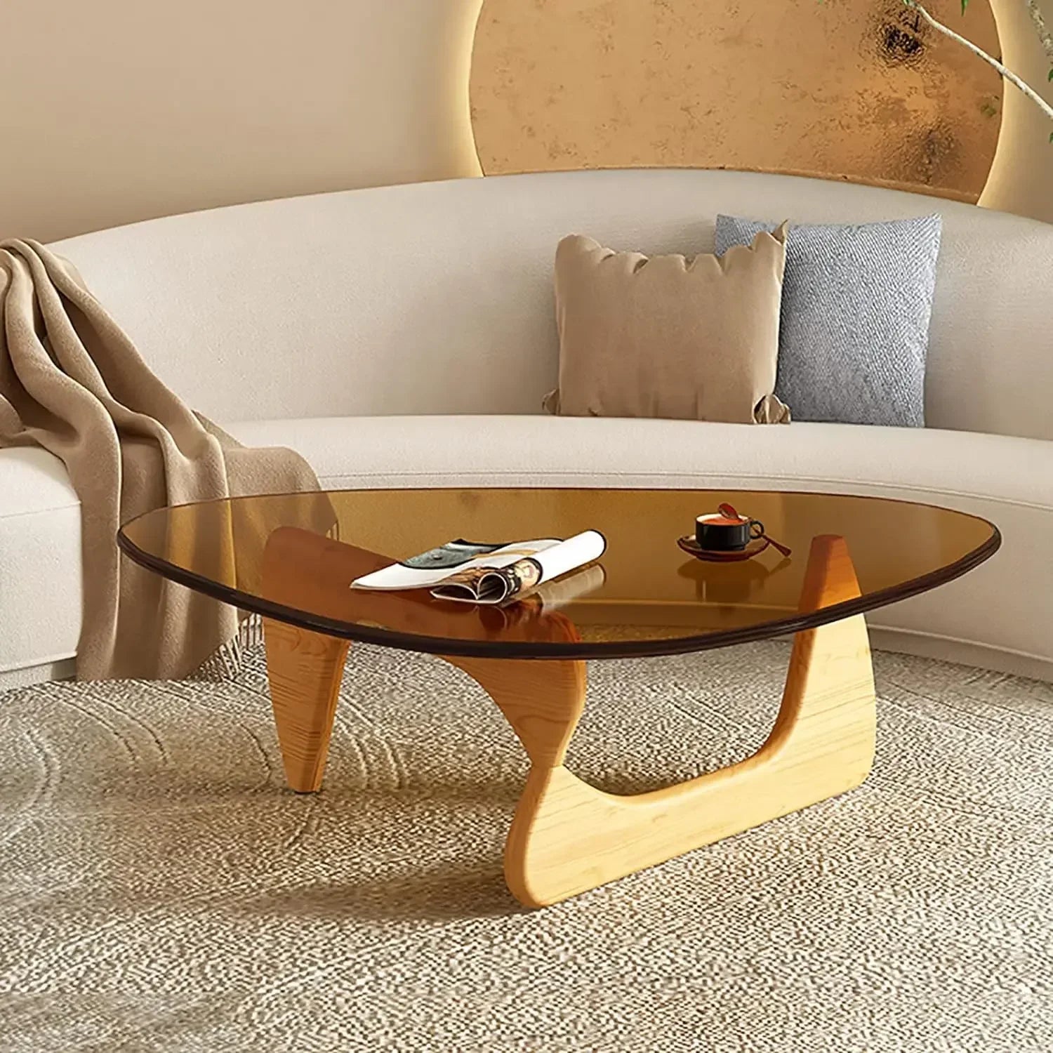 Noguchi Inspired Oval Glass Coffee Table – Elegant Japandi Wood Base for Modern Living Rooms