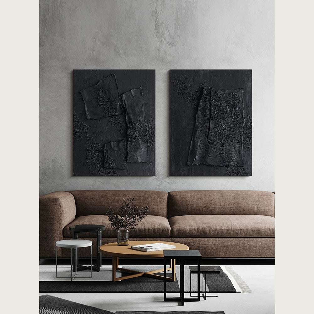 Obsidian Black Sandstone Modern Textured Wall Art 2-piece Abstract Canvas Panels for Living Room or Dining