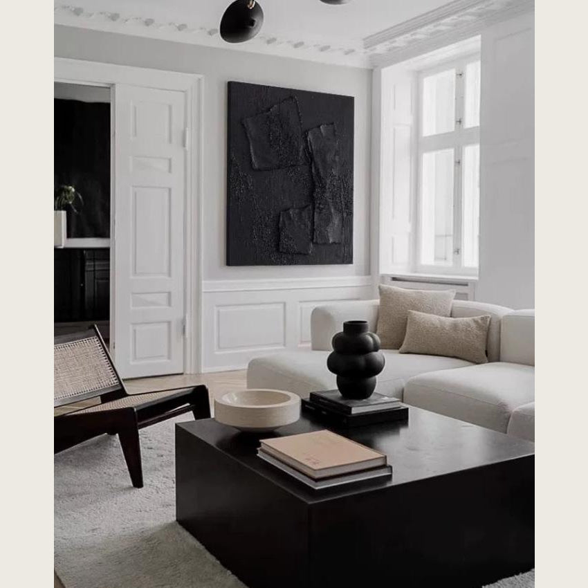 Obsidian Black Sandstone Modern Textured Wall Art 2-piece Abstract Canvas Panels for Living Room or Dining