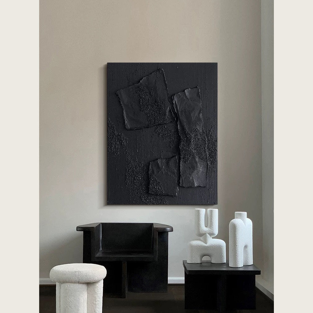Obsidian Black Sandstone Modern Textured Wall Art 2-piece Abstract Canvas Panels for Living Room or Dining
