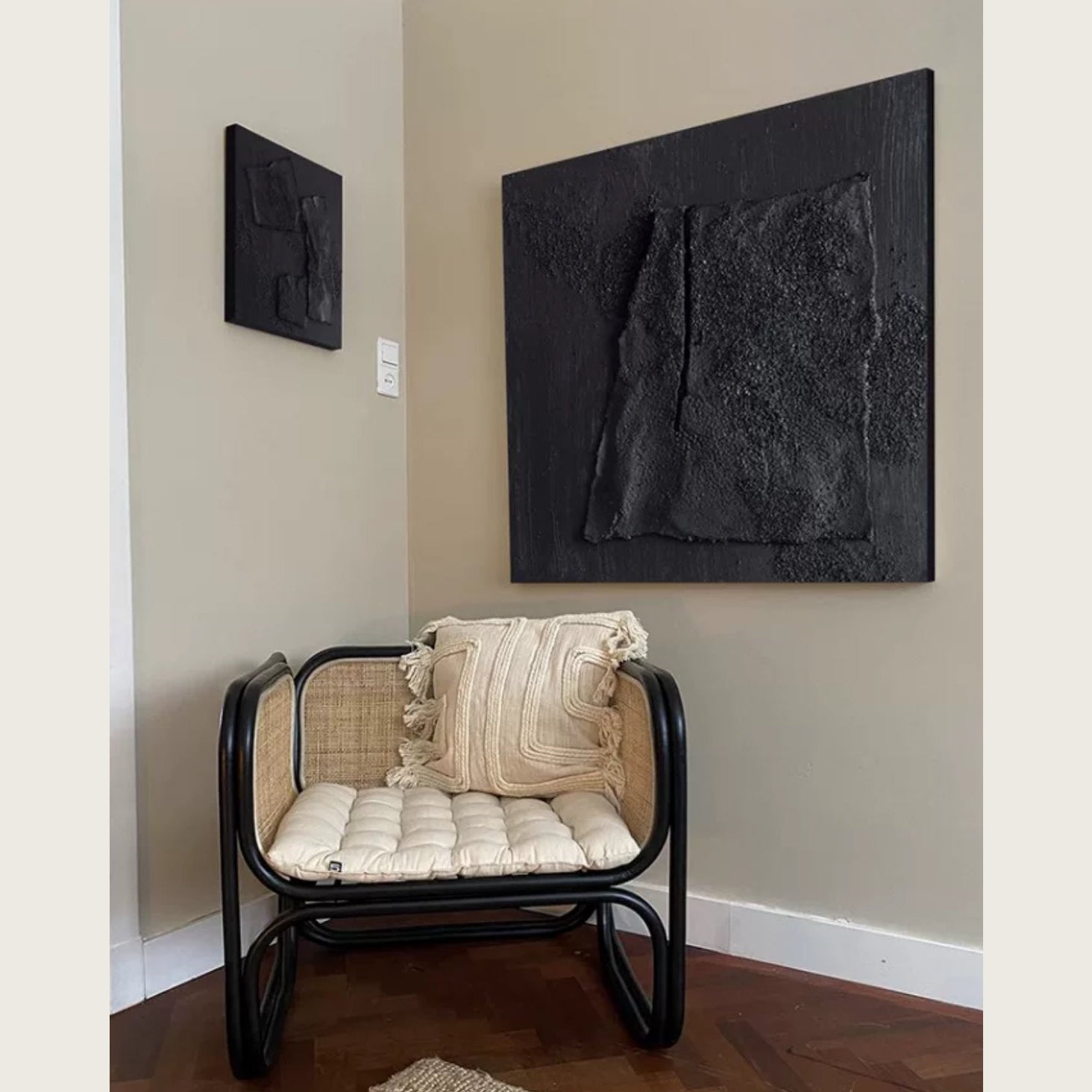 Obsidian Black Sandstone Modern Textured Wall Art 2-piece Abstract Canvas Panels for Living Room or Dining