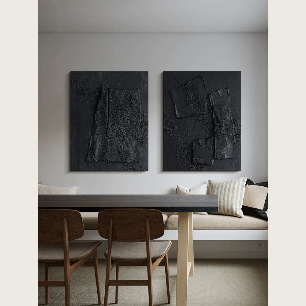 Obsidian Black Sandstone Modern Textured Wall Art 2-piece Abstract Canvas Panels for Living Room or Dining