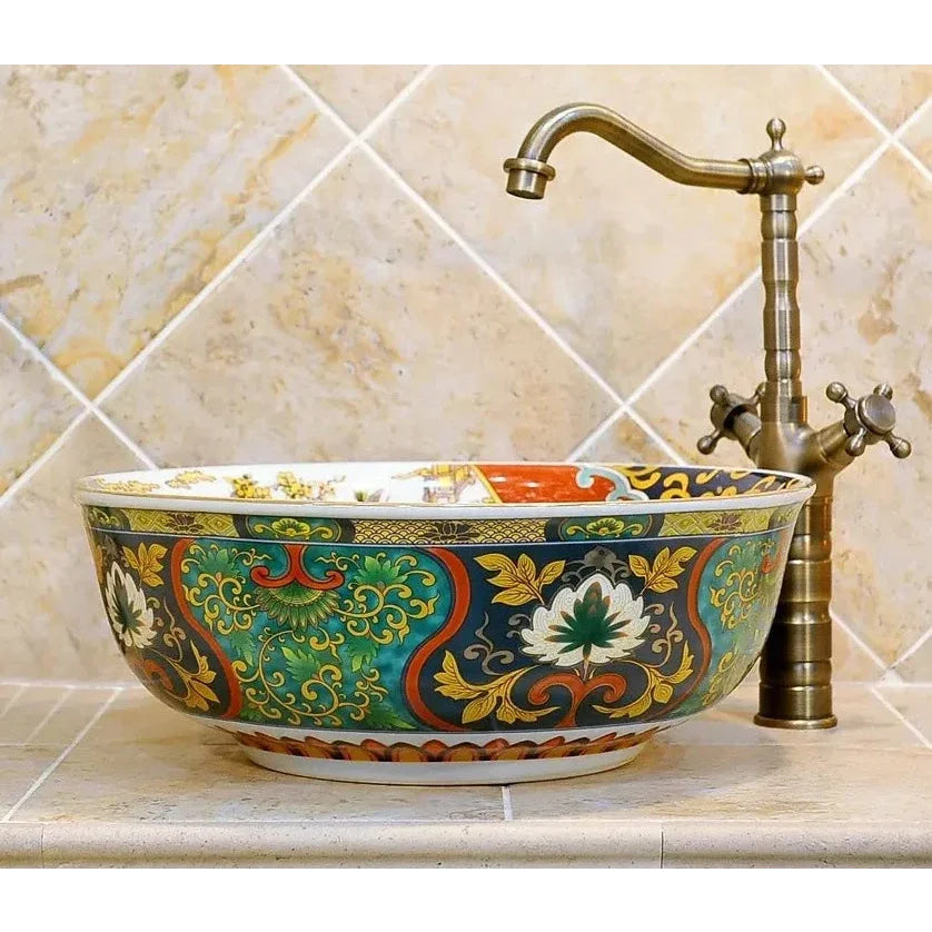 Hand-painted Ceramic Vessel Sink with Floral and Oriental Patterns | Luxury Bathrooms