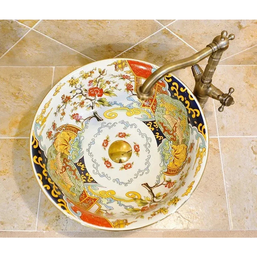 Hand-painted Ceramic Vessel Sink with Floral and Oriental Patterns | Luxury Bathrooms