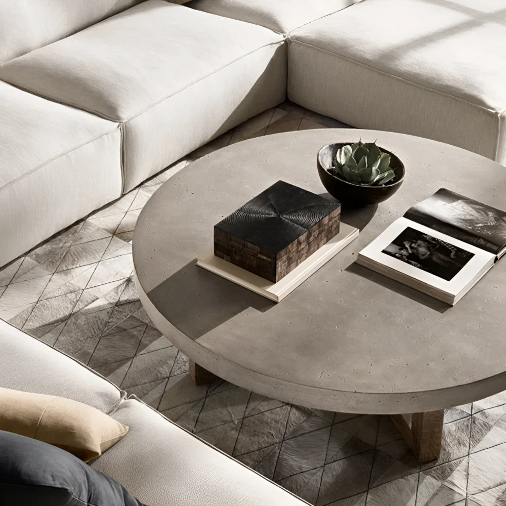 Japandi Round Coffee Table – Concrete Top with Rustic Pine Wood Cross Base 120cm Diameter