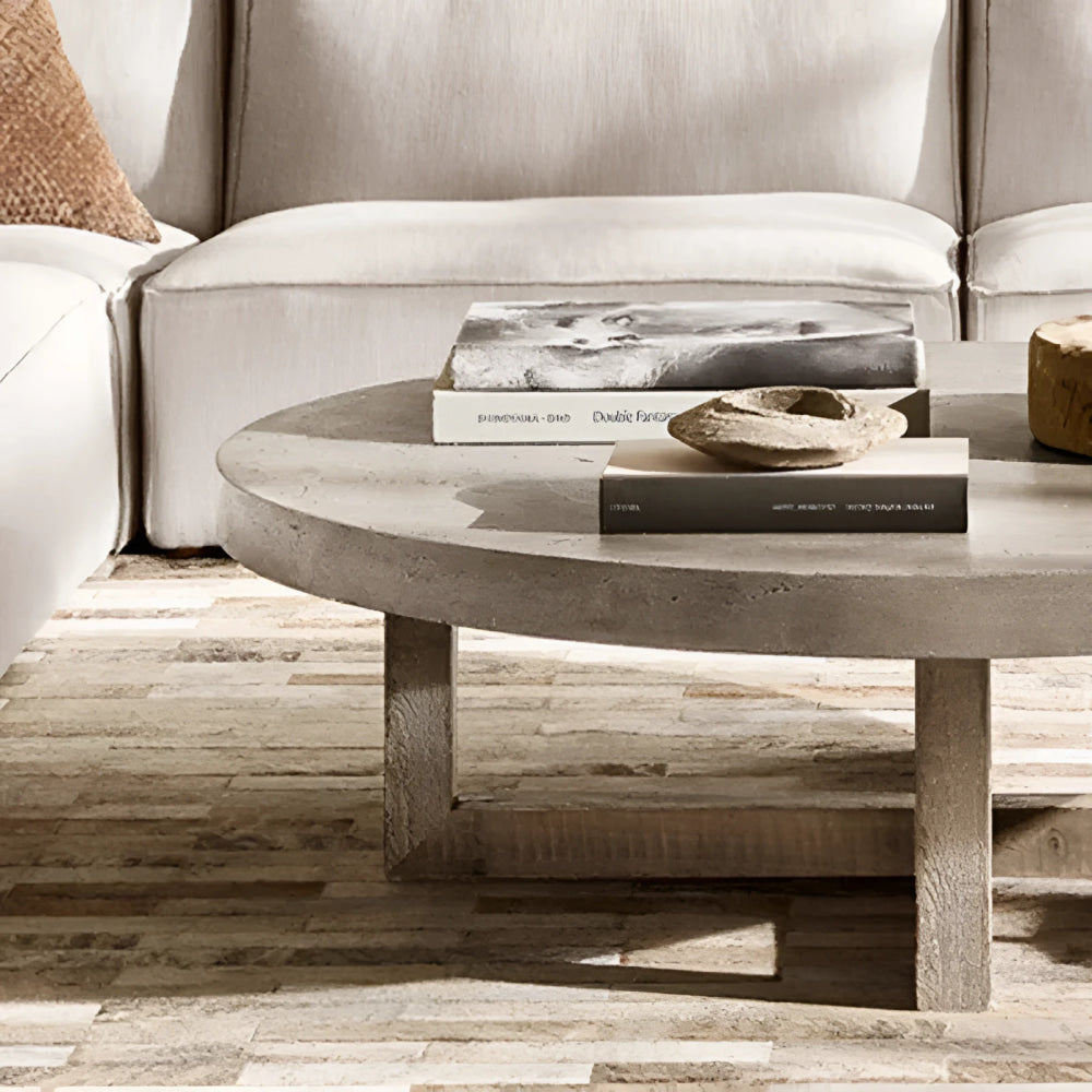 Japandi Round Coffee Table – Concrete Top with Rustic Pine Wood Cross Base 120cm Diameter