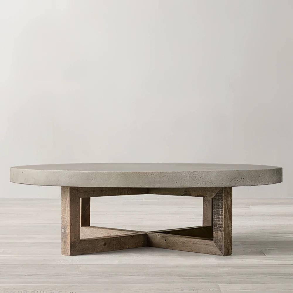 Japandi Round Coffee Table – Concrete Top with Rustic Pine Wood Cross Base 120cm Diameter