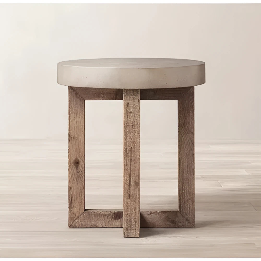 Japandi Round End Table – Pine Wood Base with Smooth Concrete Top 45cm Diameter