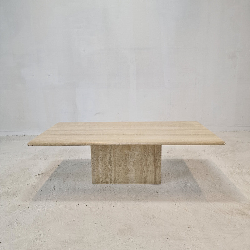 Rectangular Travertine Coffee Table with Minimalist Block Base – Natural Stone Centerpiece | Luxury Dining Room