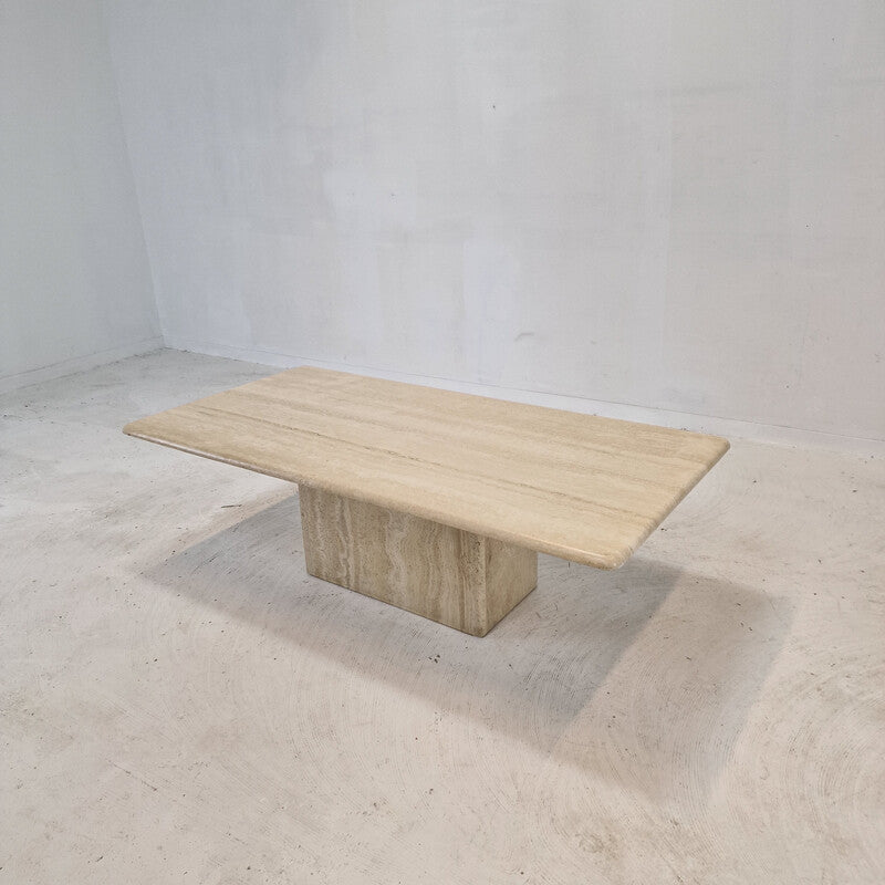 Rectangular Travertine Coffee Table with Minimalist Block Base – Natural Stone Centerpiece | Luxury Dining Room