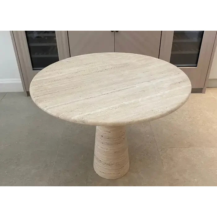 Italian Travertine Pedestal Dining Table – Mid-century Modern Cone Base for an Elegant Minimalist Home