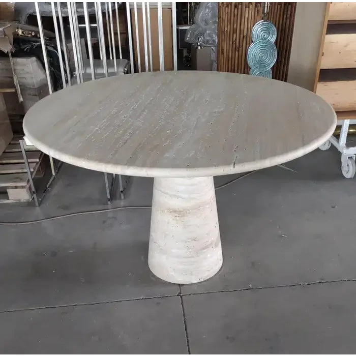Italian Travertine Pedestal Dining Table – Mid-century Modern Cone Base for an Elegant Minimalist Home