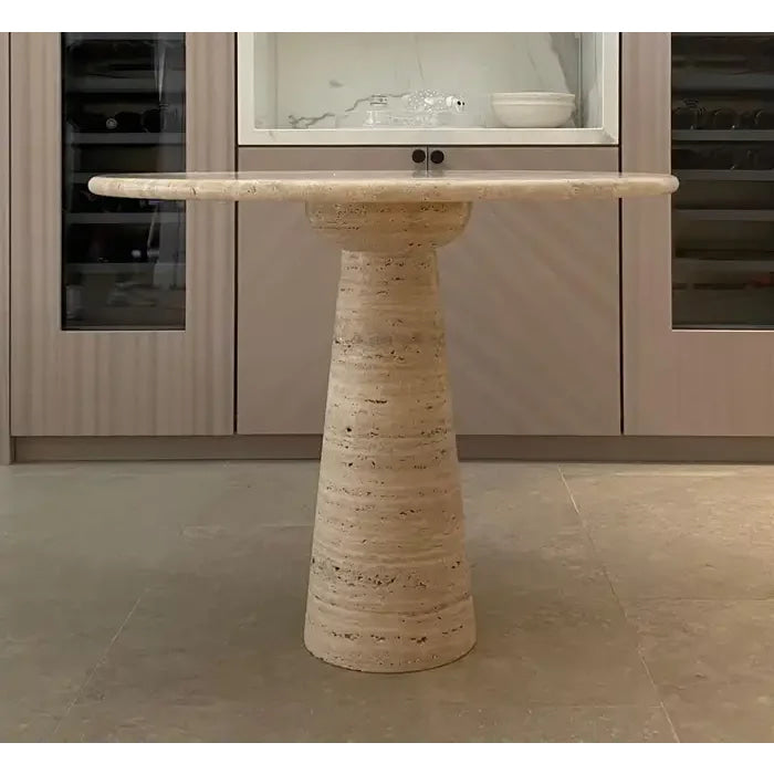 Italian Travertine Pedestal Dining Table – Mid-century Modern Cone Base for an Elegant Minimalist Home