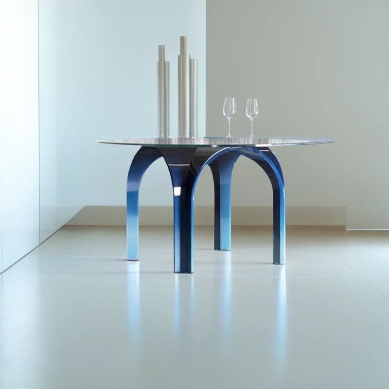 Modern Round Glass Dining Table with Metallic Blue Arched Base – Contemporary designer table
