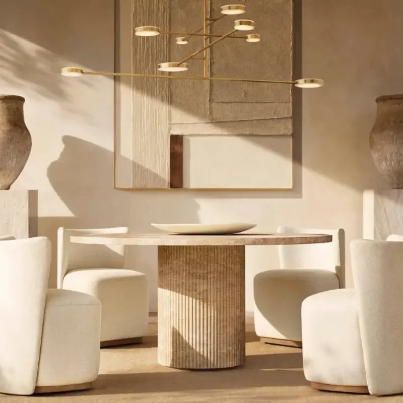 Travertine Round Dining Table – Modern Luxury with Fluted Base for Elegant Interiors