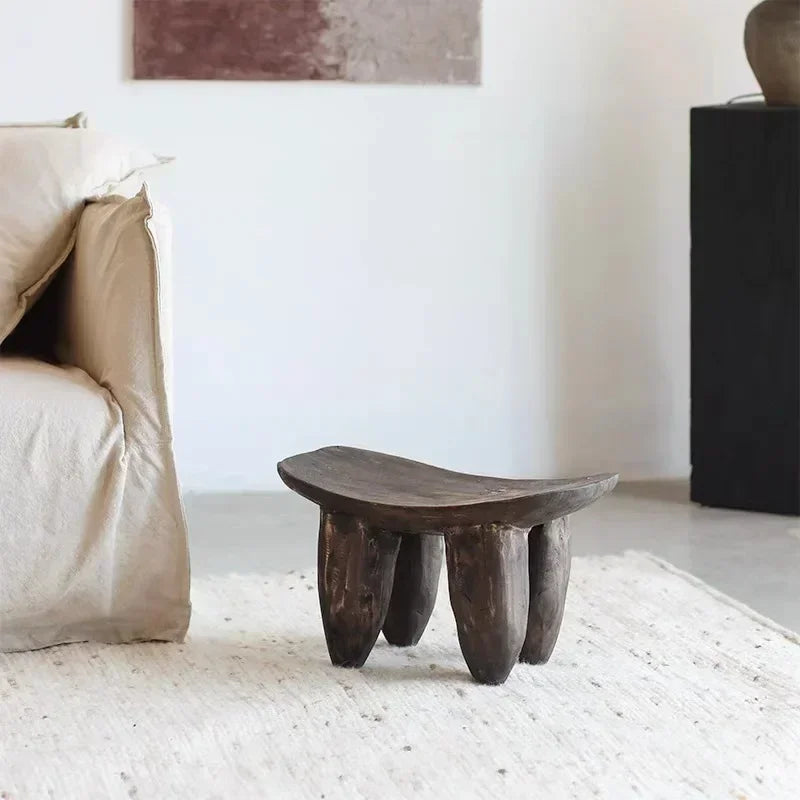 Rustic Hand-carved Wooden Stool | Japandi for Living Room or bedroom