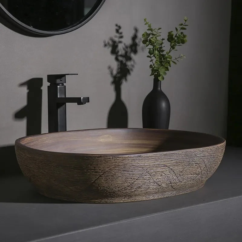 Rustic Wood-style Vessel Sink for Modern Bathrooms | Luxury Minimalism Decor