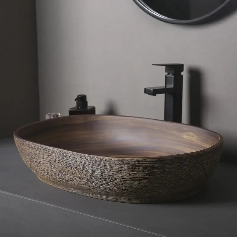 Rustic Wood-style Vessel Sink for Modern Bathrooms | Luxury Minimalism Decor