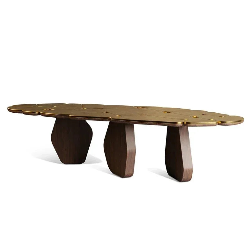 Sculptural Wooden Dining Table with Brass Accents – Modern Luxury Design
