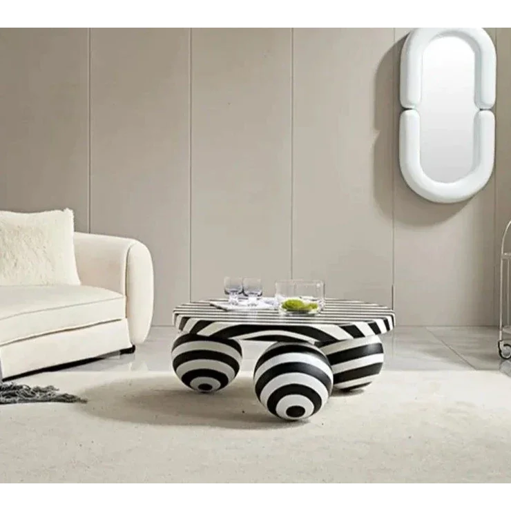 Striped Coffee Table with Artistic Ball Legs – Modern Optical Design | Interior