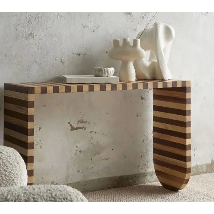 Mid-century Modern Solid Wood Console Table – Striped Minimalist Design for Entryway or living room