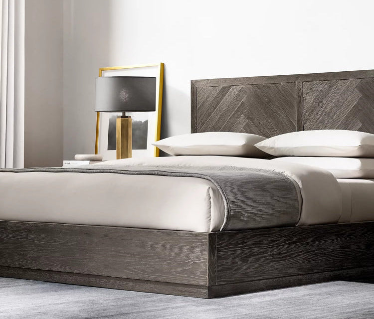 Solid oak chevron headboard platform bed Walnut | HLM-201 - Beds