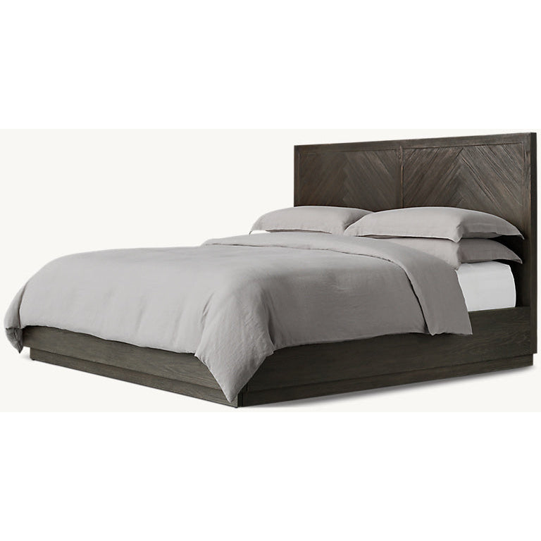 Solid oak chevron headboard platform bed Walnut | HLM-201 - Beds