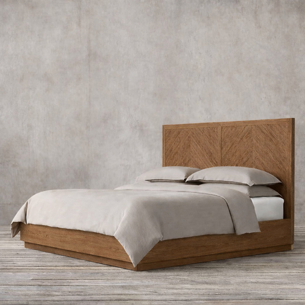 The Armid Chevron Platform Wood Bed | Solid Natural Oak - Beds