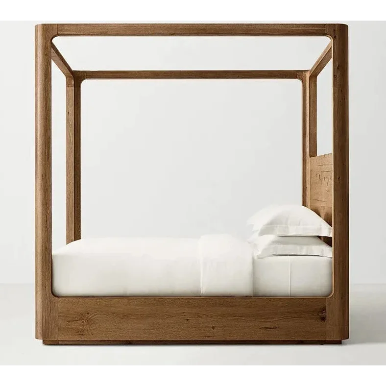 Modern Solid Oak Wood Canopy Bed – Minimalist Luxury Design with Walnut Finish