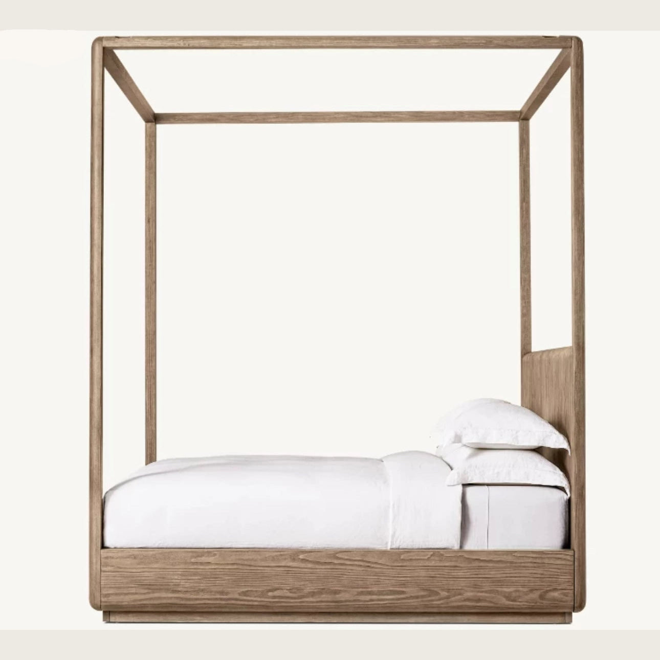 Modern Solid Oak Wood Canopy Bed – Minimalist Luxury Design with Walnut Finish